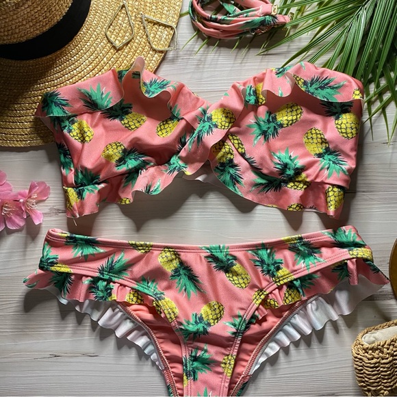 Wildfox 🍍 Ruffle Pineapple Print Strapless Bandeau Bikini Top | Skimpy Bottoms - Picture 1 of 11